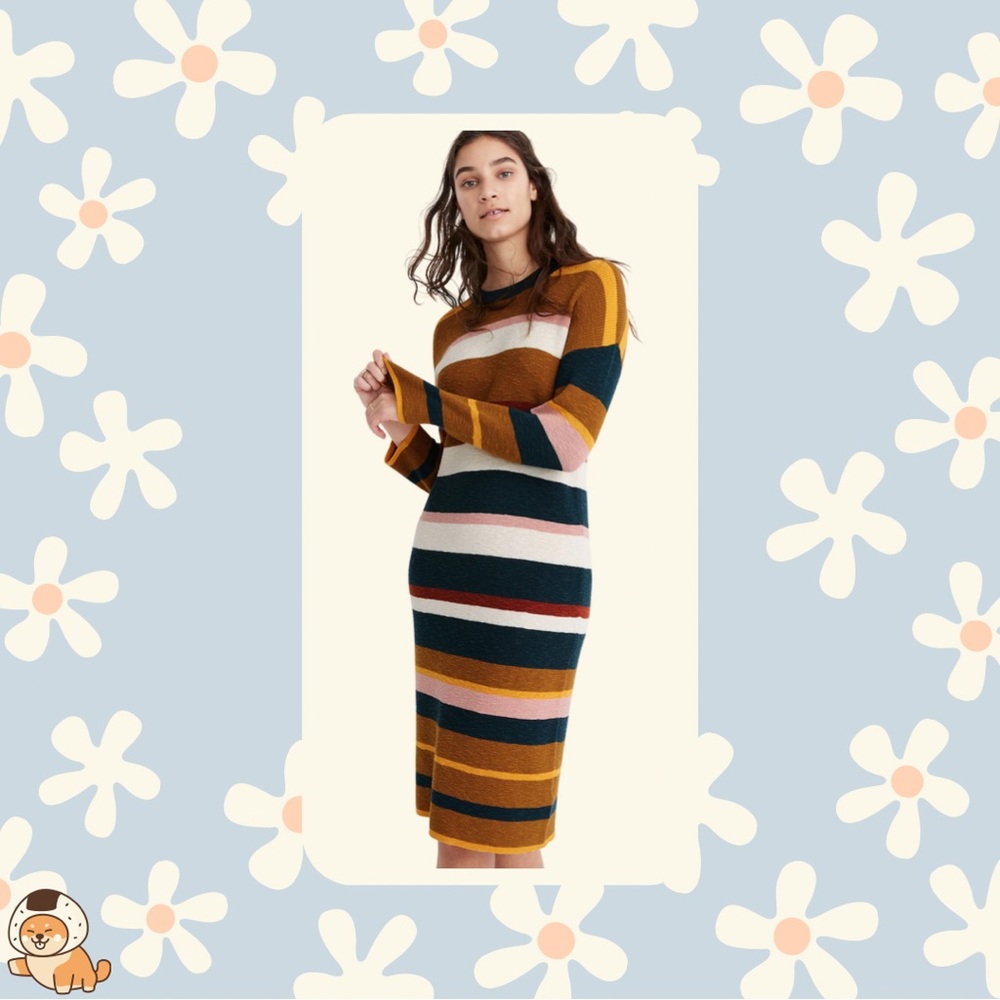 Madewell Drop-Shoulder Sweater Midi Dress in Stripe, Antique Cream, Sz Sm